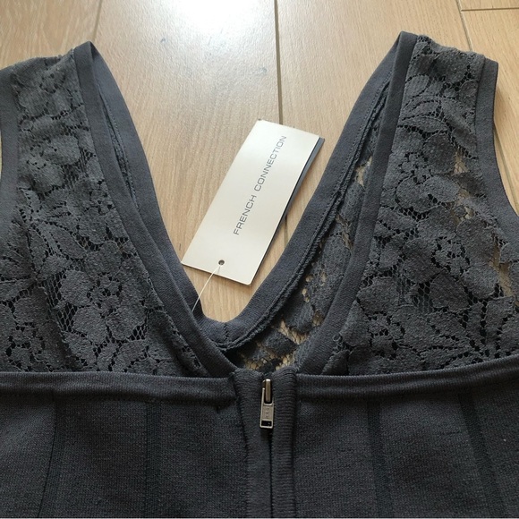 NWT French Connection Katie Crepe Lace Detailed Sleeveless V Neck Dress in Grey - Picture 9 of 14